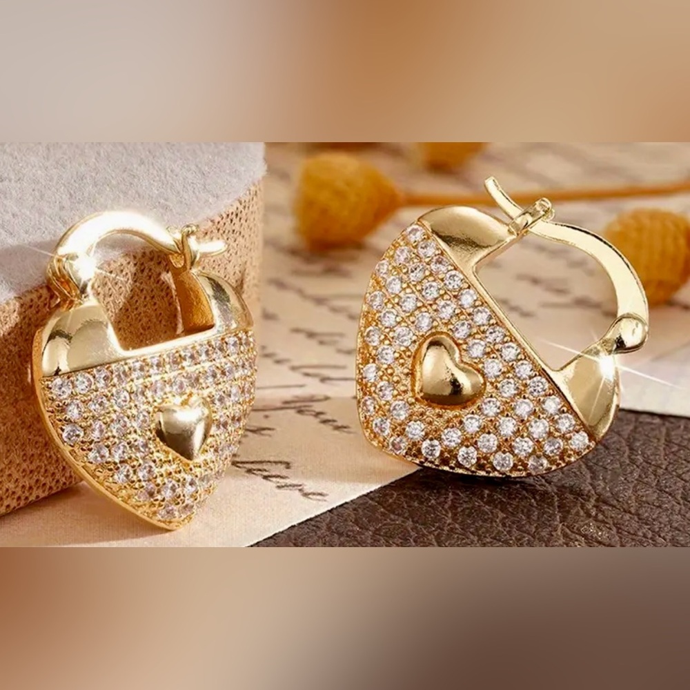Pair of French Elegance Golden Heart Lock Earrings